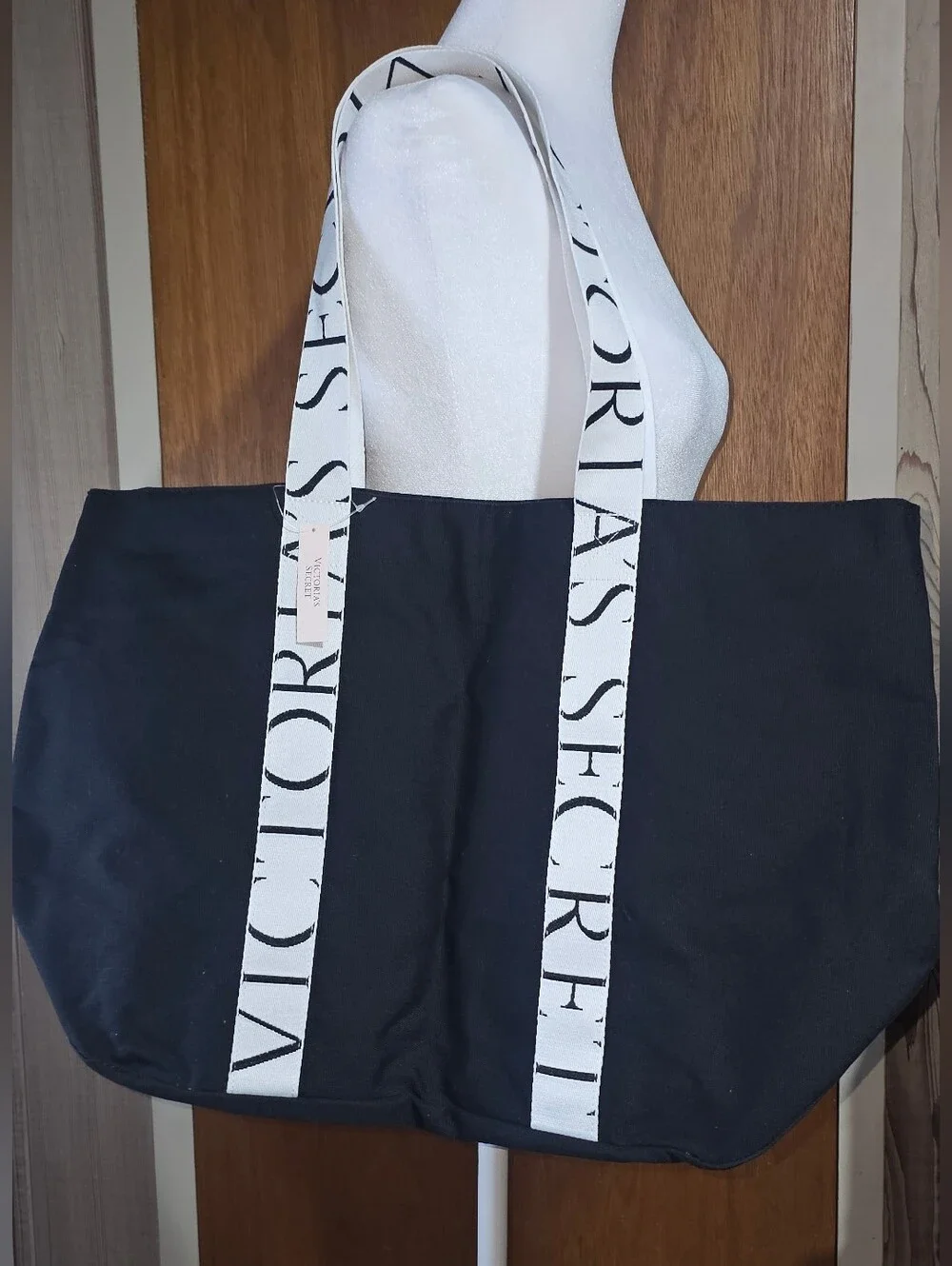 Victoria's Secret Black Tote with White Logo Straps Leopard Lining